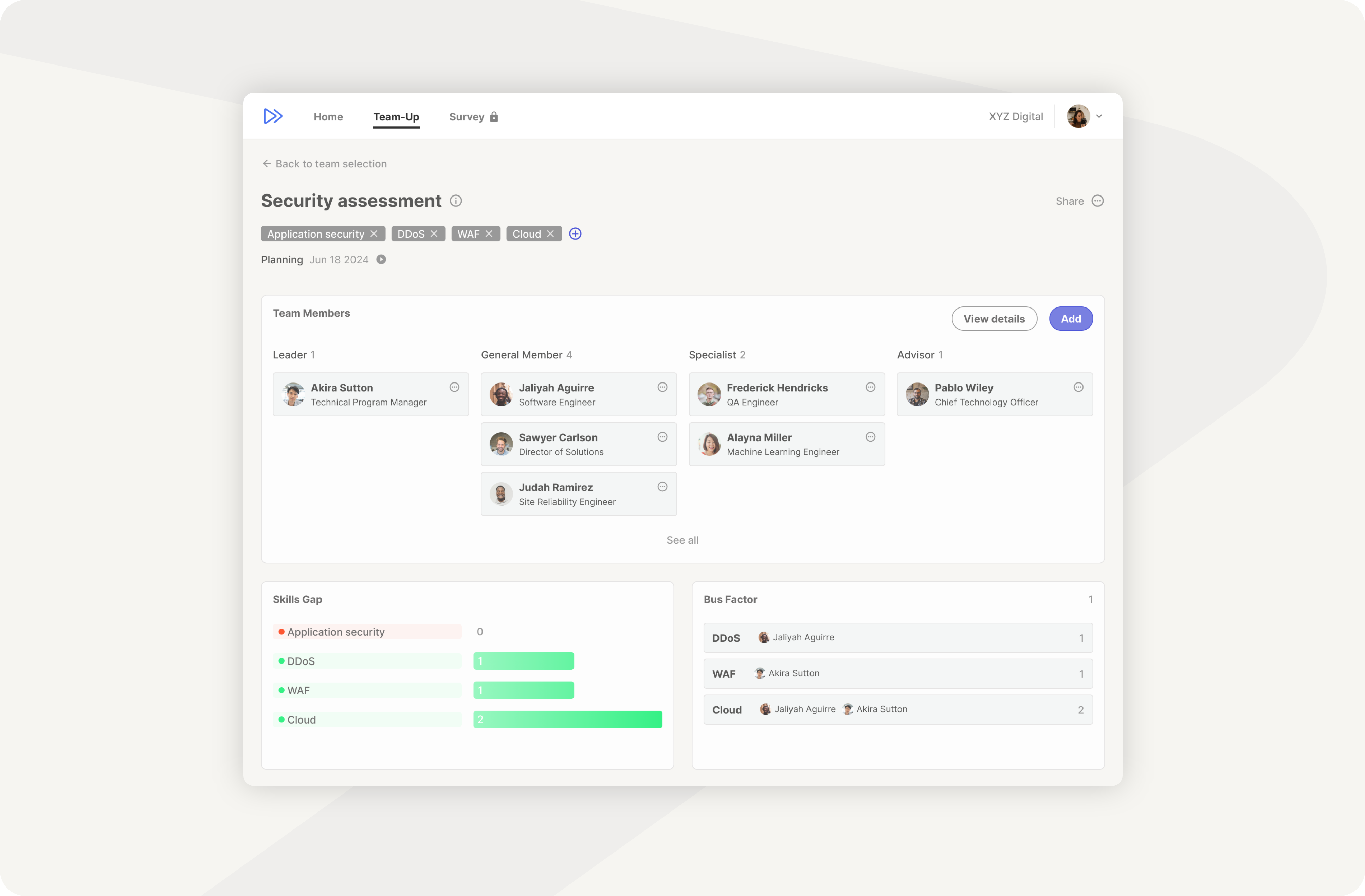 A screenshot Zipteam team depth analytics UI