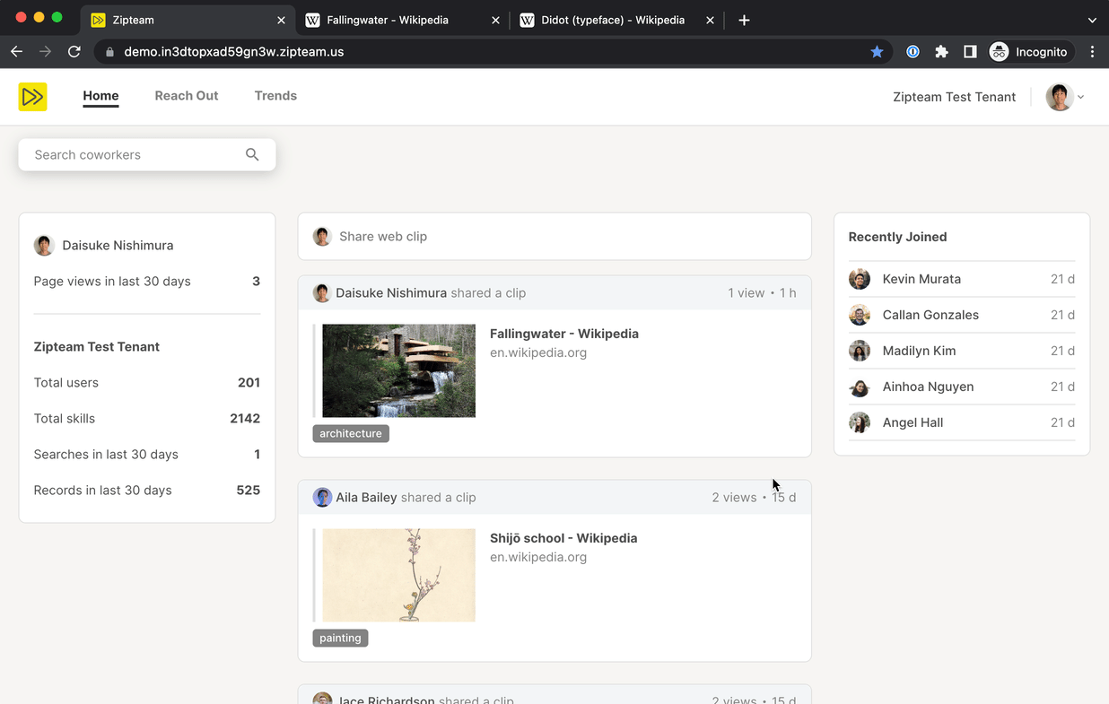 A screenshot GIF of Zipteam Web Clip UI