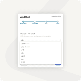 The image shows a user interface for adding a skill, with a step progress bar. A dropdown menu suggests skills like LiDA, LiDAR, Linux, LINQ, Lidar, Liquid, Lisp, and libGDX after typing Lida.