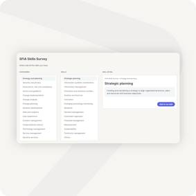 A SFIA Skills Survey interface displaying categories like Strategy and planning with a highlighted skill titled Strategic planning. A description box explains aligning organizational actions with business objectives. A Add to my skills button is visible.